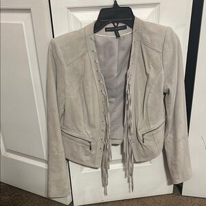 White House Black Market Light Gray Leather Jacket with Fringe